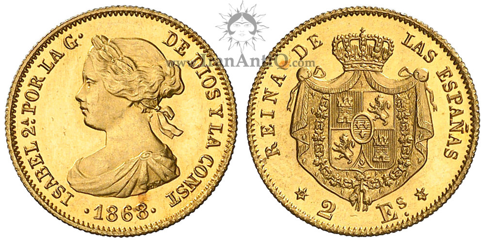 2 اسکودو طلای ایزابل دوم - نشان ملی با شنل